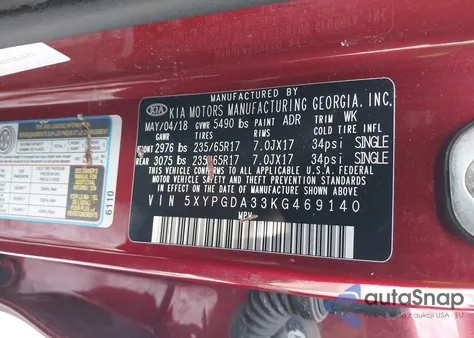 2019 Kia Sorento 2.4L Lx z USA, uszkodzony, nr VIN 5XYPGDA33KG469140